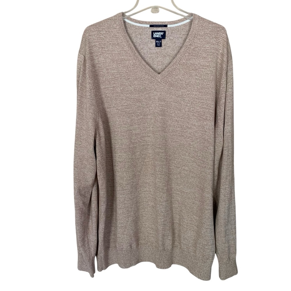 Lands End Sweater Mens Sz.XXL/TALL Brown Knit V Neck Long Sleeve Supima Cotton